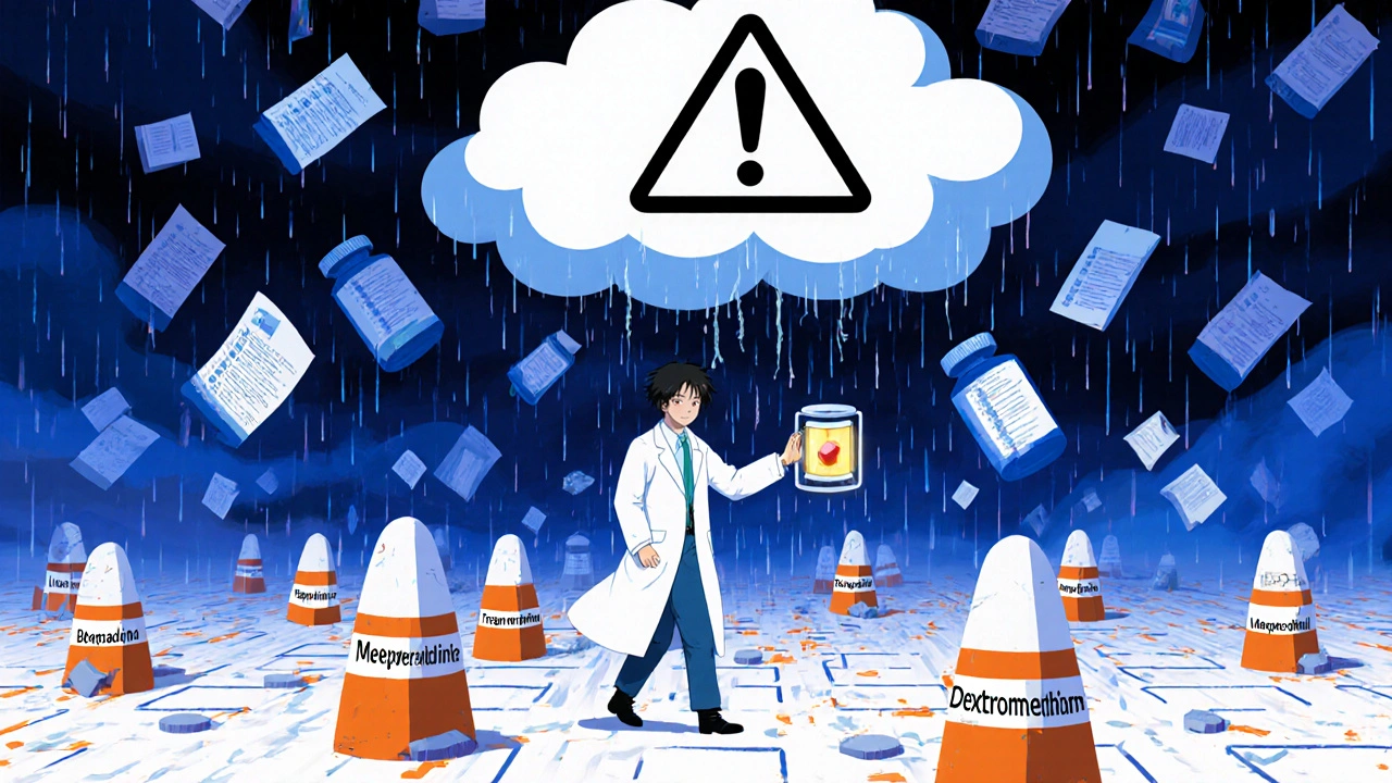 A cautious figure navigating a minefield of dangerous opioids, holding a safe pain medication like a light.