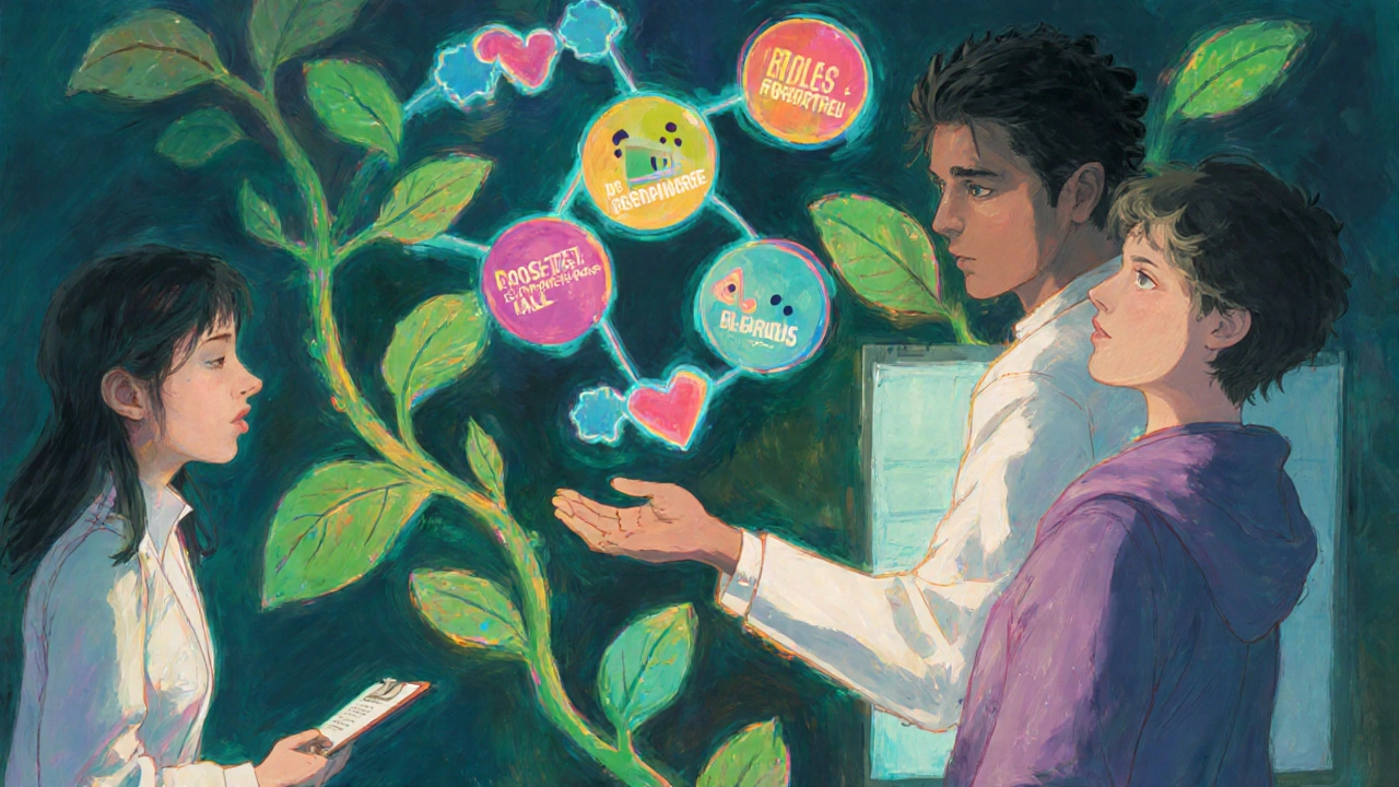 A doctor&#039;s clipboard becomes a vine of glowing progestin molecules above a patient.