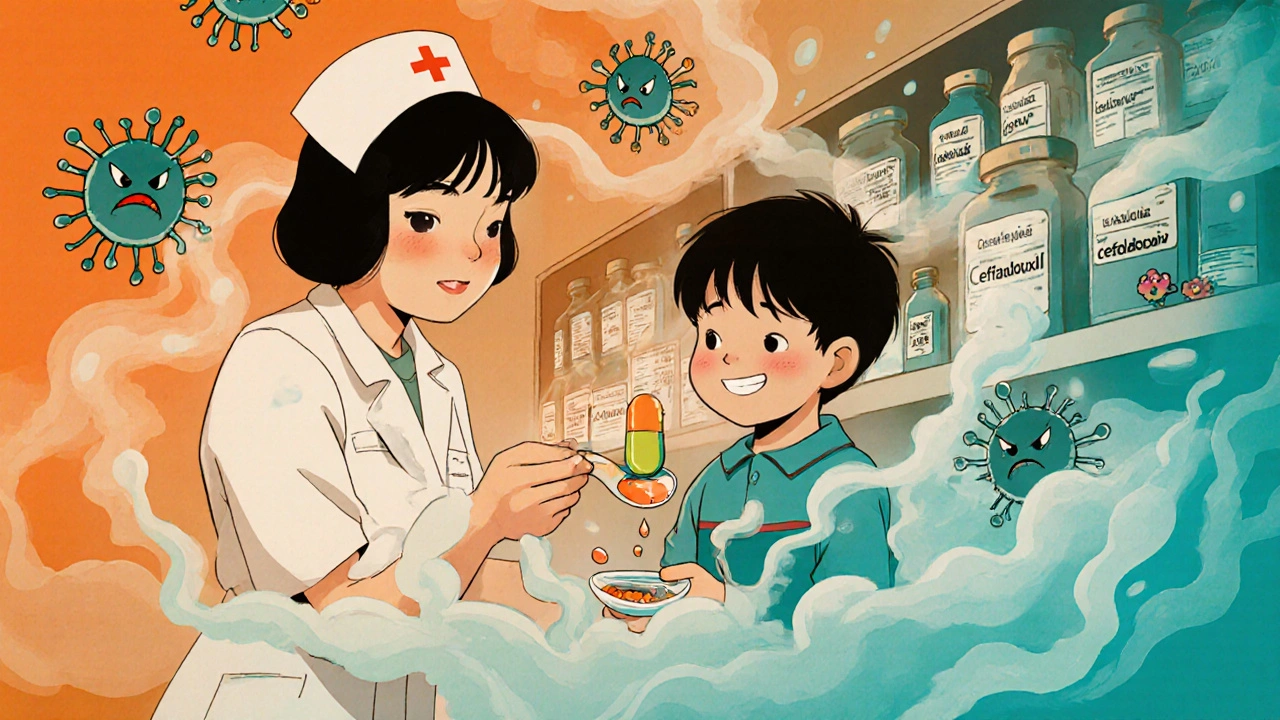 A nurse giving a child cefadroxil in a spoon, bacteria dissolving into smoke around them.