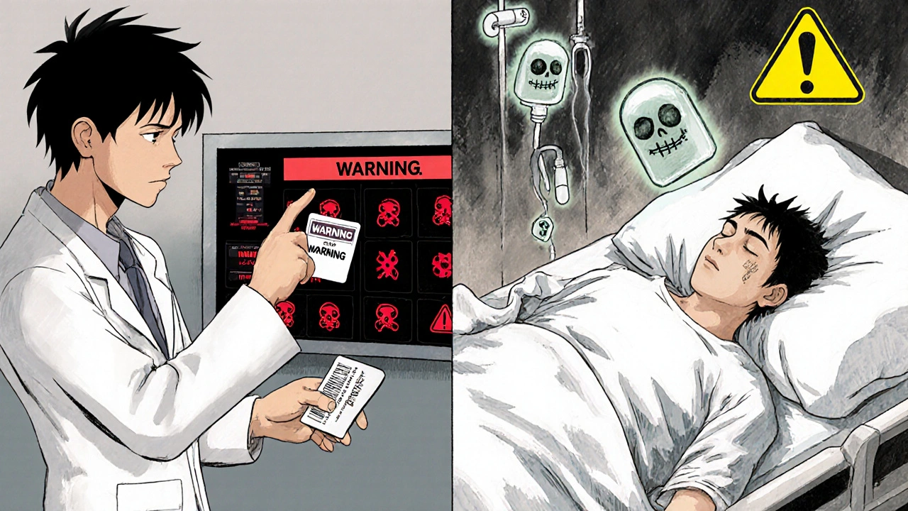 A patient and pharmacist reviewing a warning card while emergency medical equipment surrounds the patient.