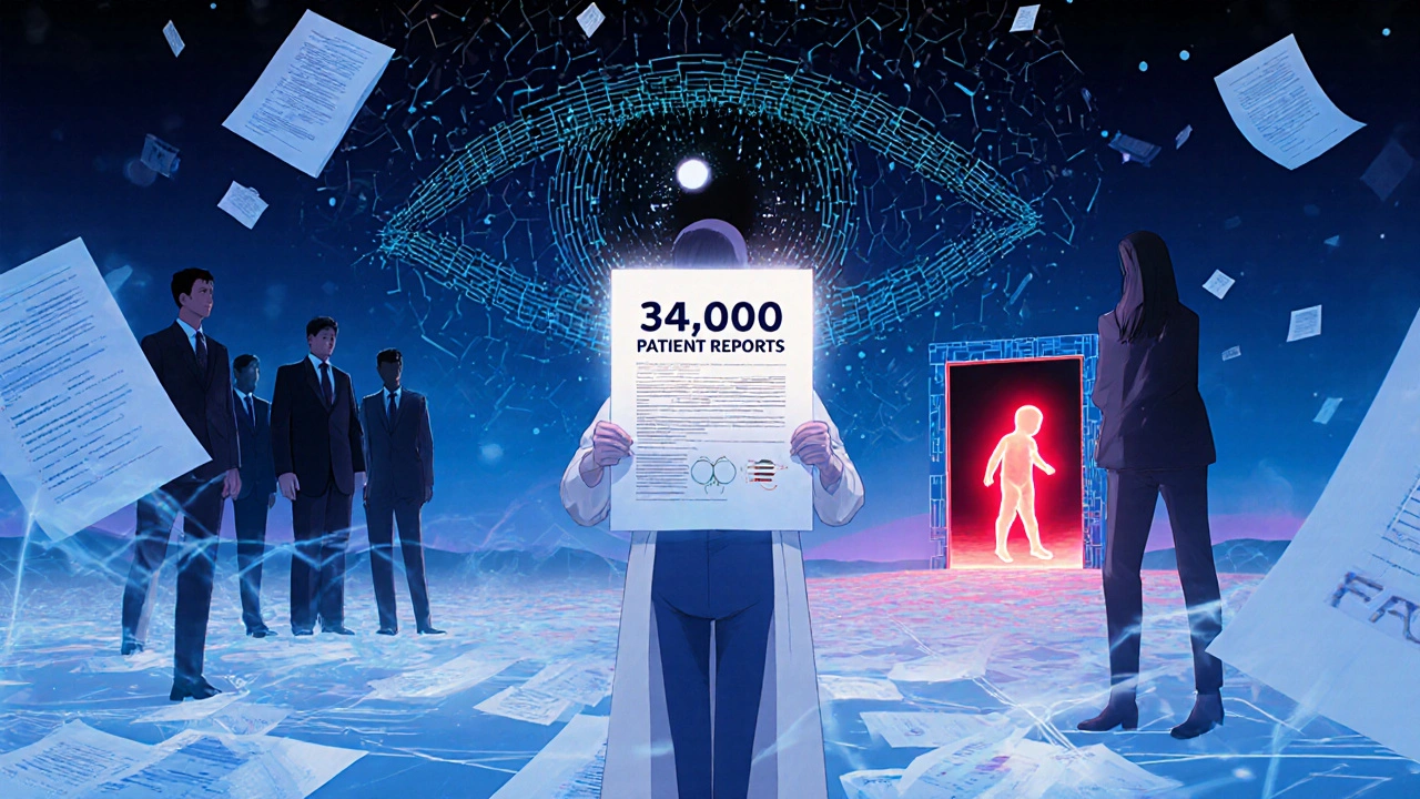 A patient holding a report in a digital landscape of FDA data streams, with a glowing birth defect symbol in the distance, rendered in Masaaki Yuasa's dynamic style.