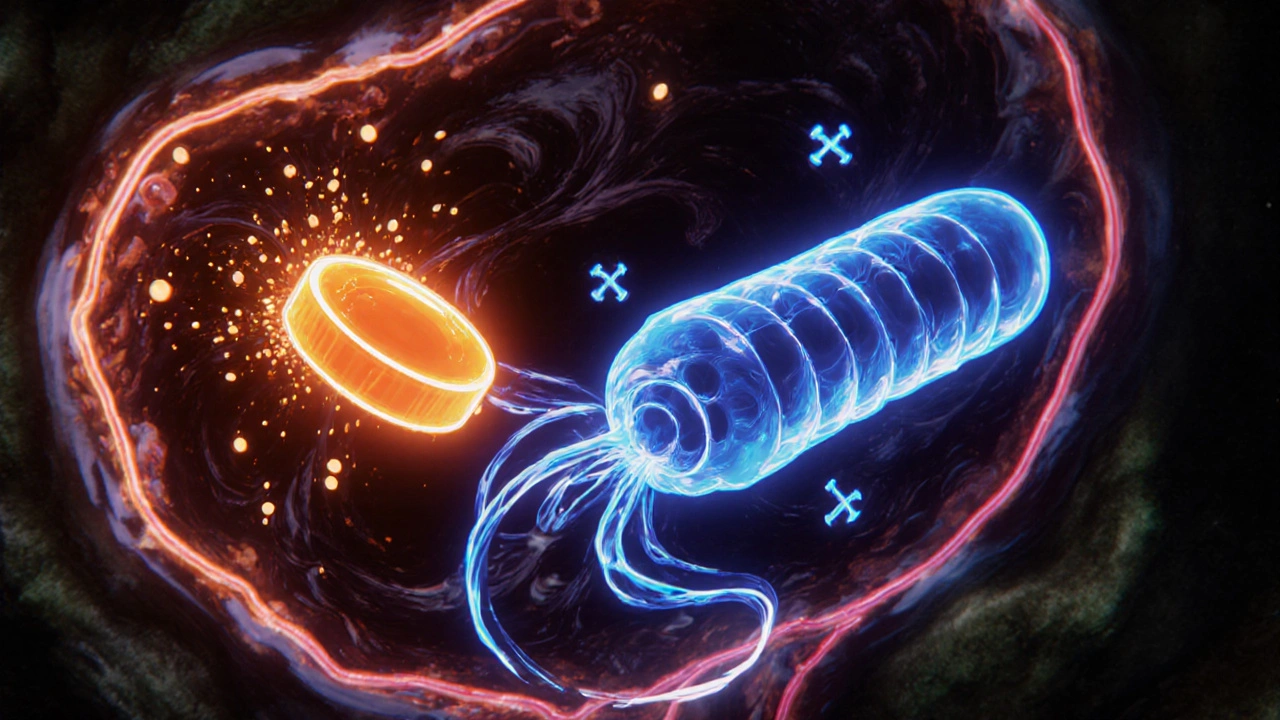 Albendazole particles binding to a whipworm, causing its microtubules to break down.