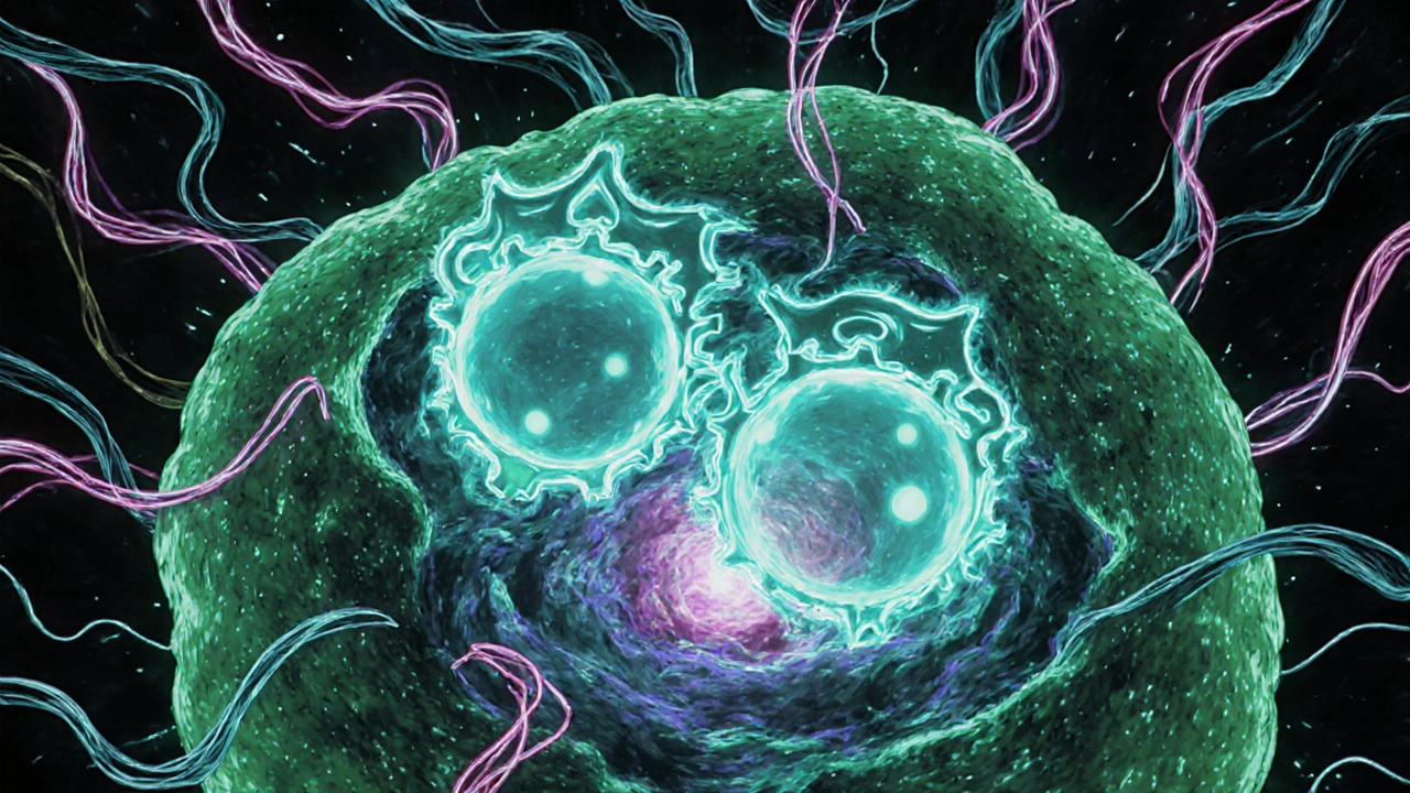 Animated bacterial cell showing DNA strands and enzymes blocked by teal drug molecules.