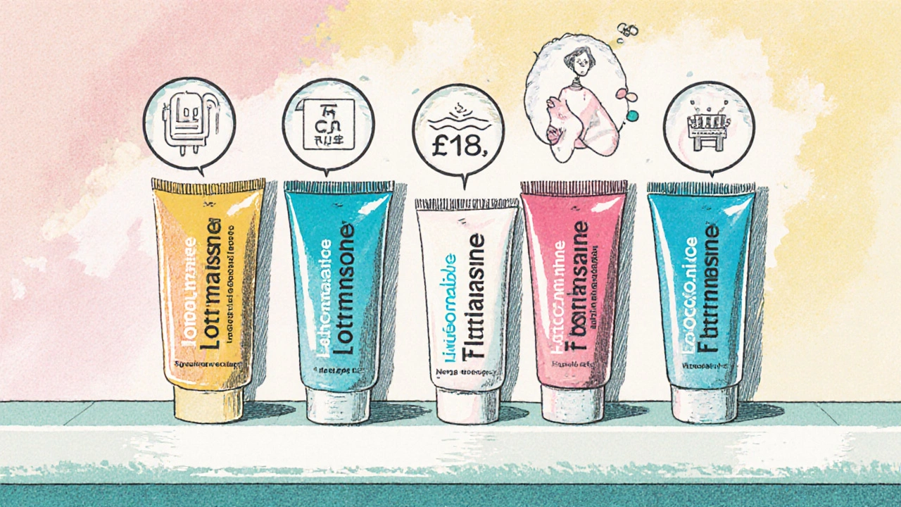 Anime-style pharmacy shelf showing Lotrisone and alternative cream tubes with price tags.