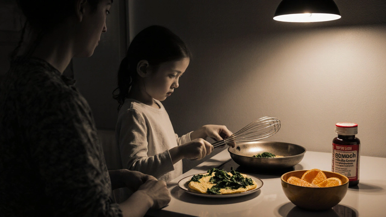 Child and parent cook a spinach‑cheese omelet, with orange fruit and supplement bottle nearby.