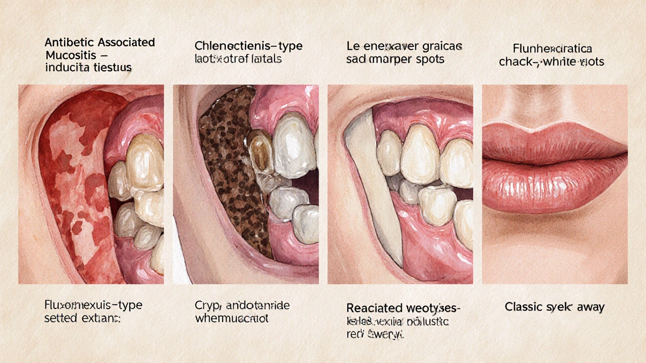 Close‑up of a mouth showing mucositis ulcers, chlorhexidine stains, white fluoride spots, thrush, and a cold sore.