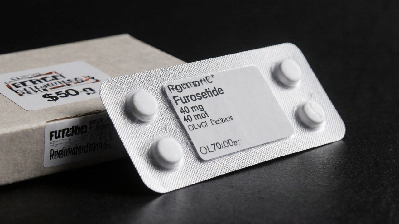 Close-up of generic furosemide blister pack showing label, lot number and tamper‑evident seal beside shipping box.