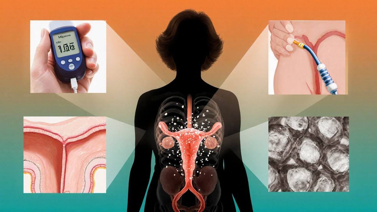 Collage of a woman's silhouette with icons for diabetes, menopause, catheter, and kidney stones.