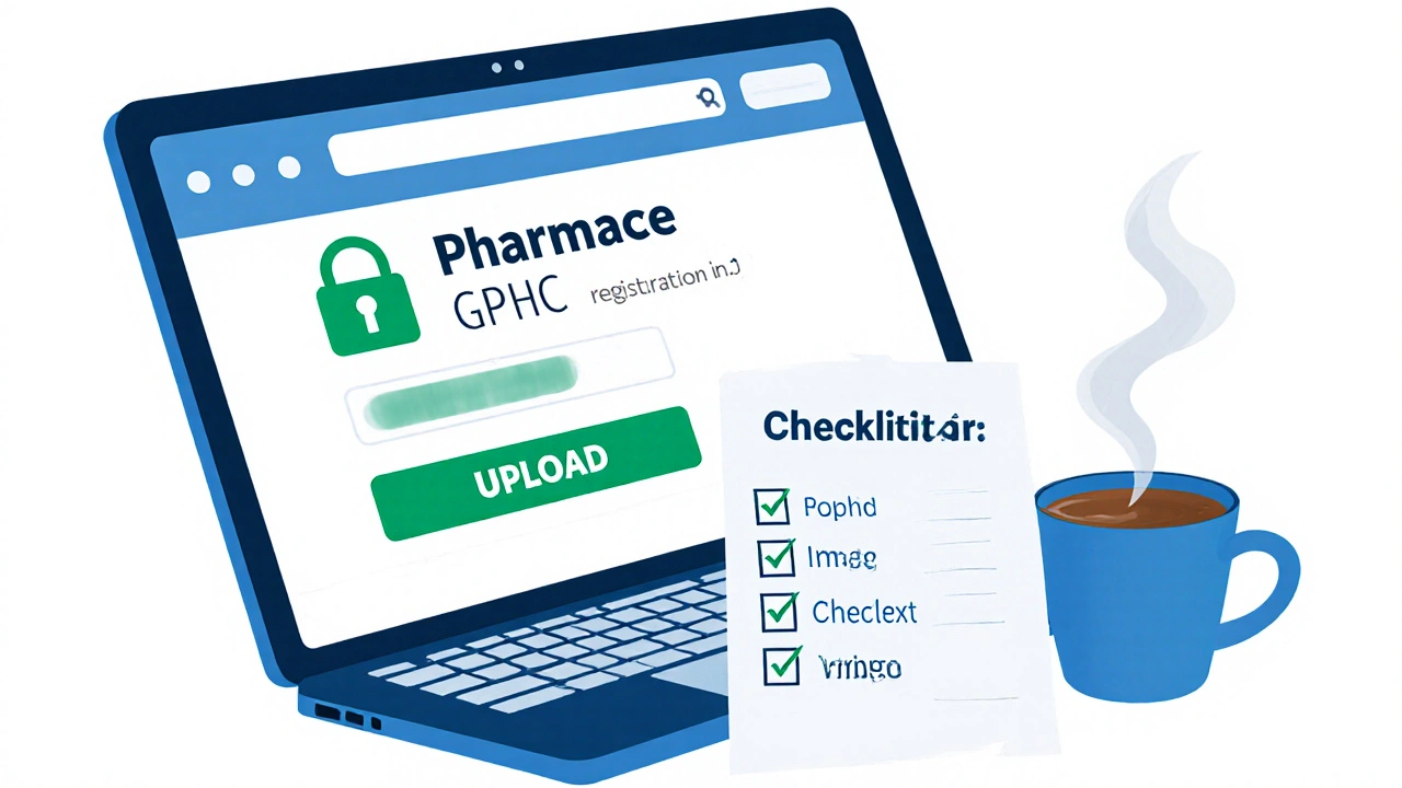 Computer screen showing secure pharmacy site, padlock, and prescription upload with checklist beside it.