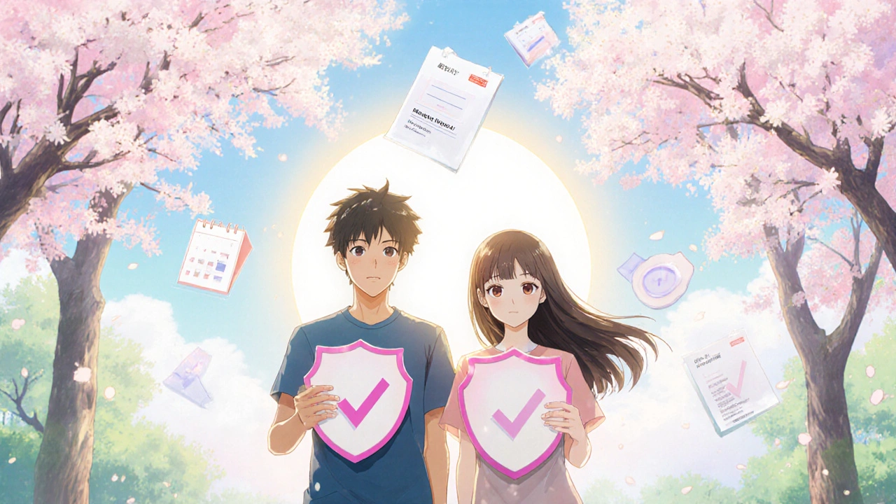 Couple practicing safe sex, holding a condom, symbolizing prevention.