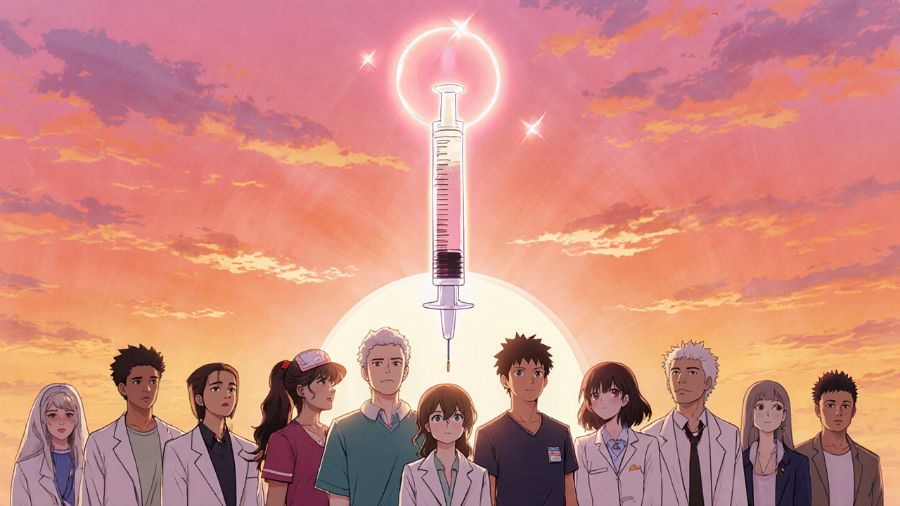 Diverse group under sunrise receives HCV vaccine, symbolizing hope.