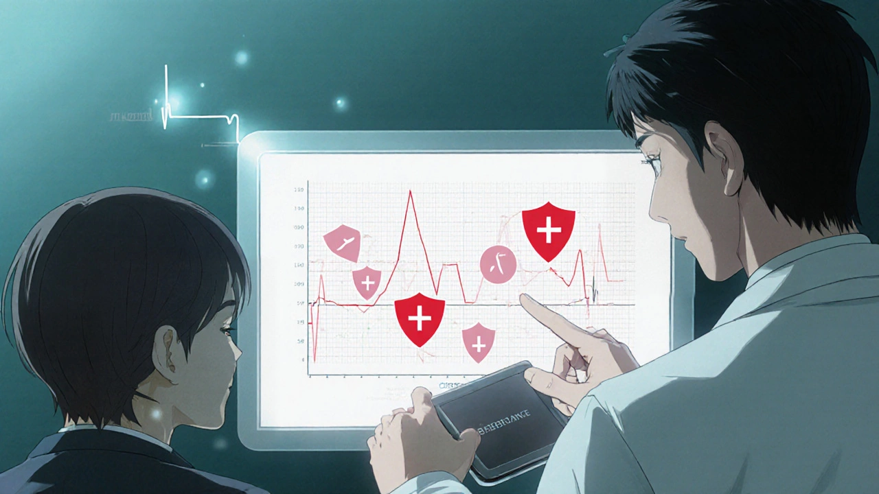 Doctor and patient reviewing antibiotic resistance icons beside an ECG monitor.