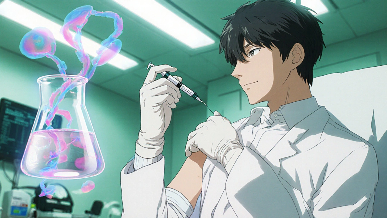 Doctor collecting urine sample and preparing a ceftriaxone injection.