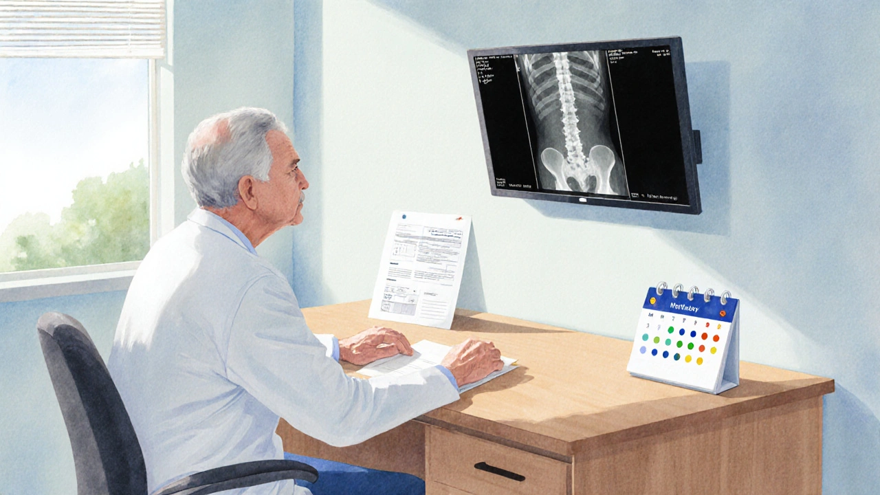Doctor discussing treatment options with a senior patient, DEXA scan displayed behind them.