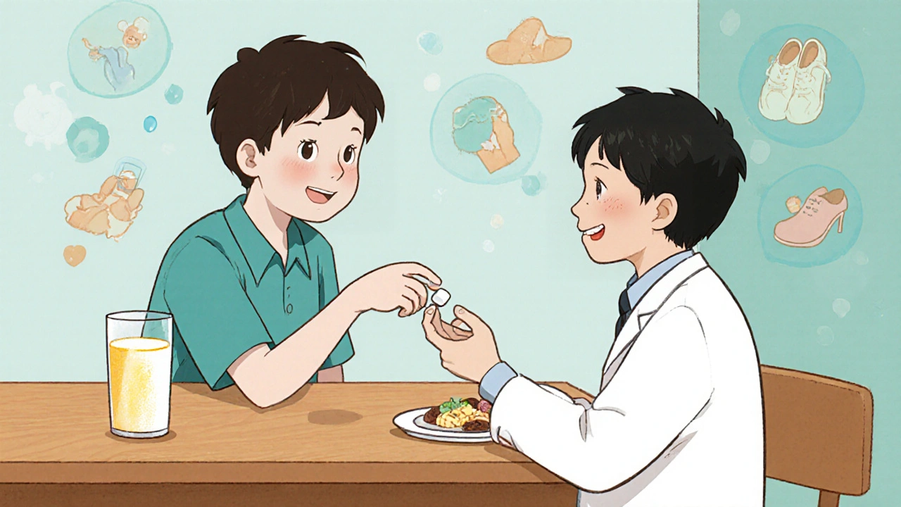 Doctor giving albendazole tablet with milk, surrounded by hygiene icons.