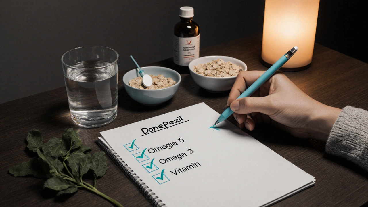 Evening checklist with medication, water, snack, supplements, and a pen checking items.