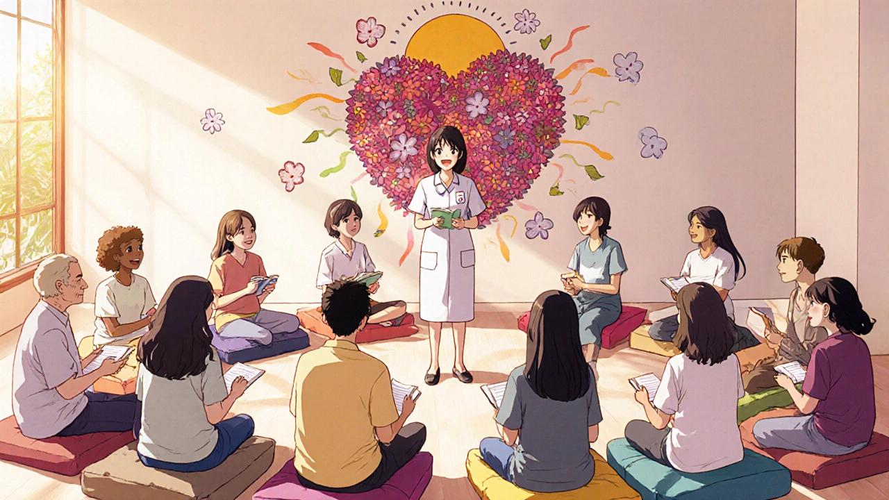 Group session in a clinic with nurse and smiling patients, heart mural showing improvement.