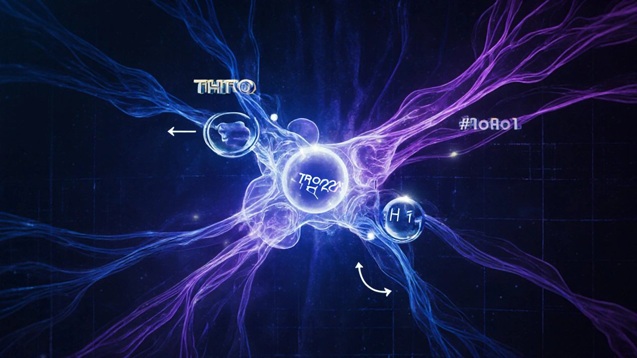 Illustrated brain synapse showing Trazodone blocking serotonin receptors.