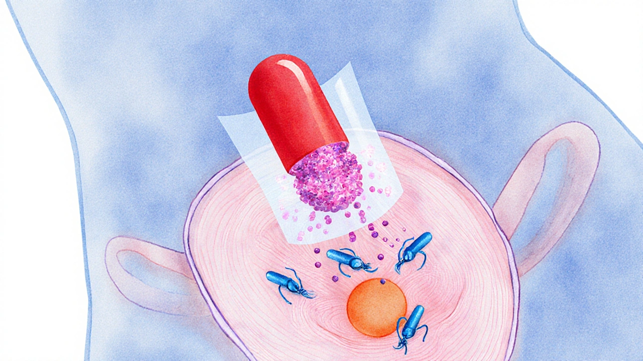 Illustration of levonorgestrel tablet thickening cervical mucus to block sperm.