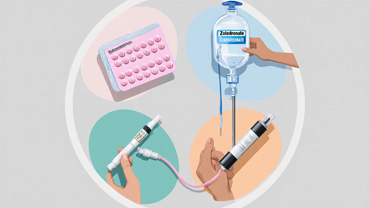 Illustration of oral pill, IV bag, and two injection pens representing osteoporosis drugs.