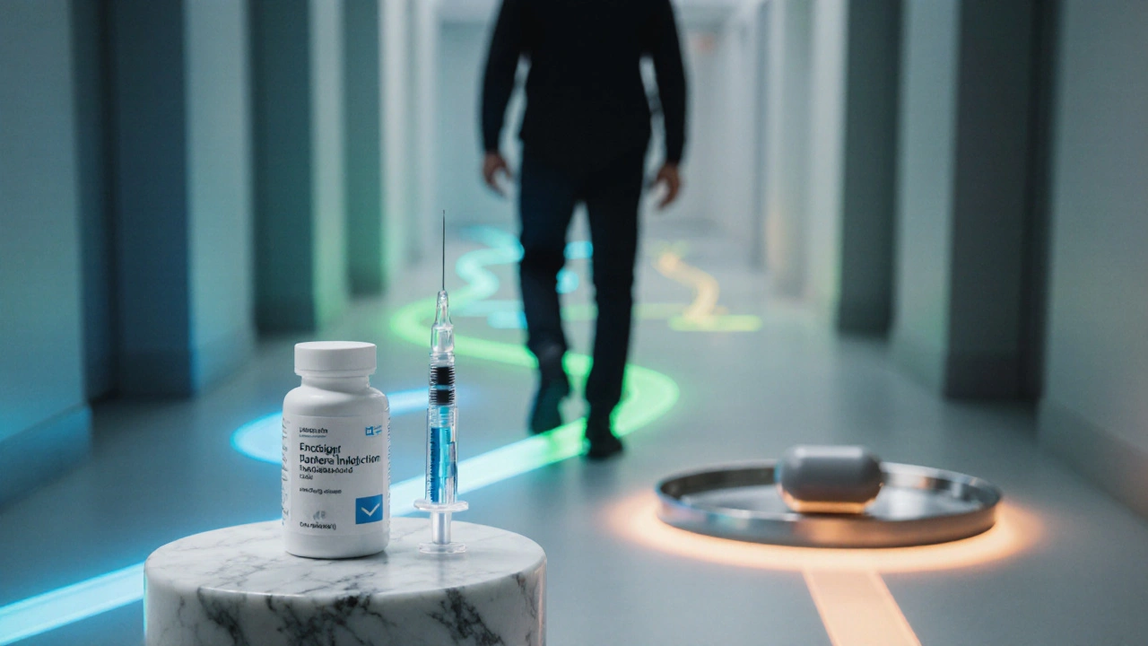 Man standing at a hallway fork with paths leading to a pill bottle, syringe, and capsule.