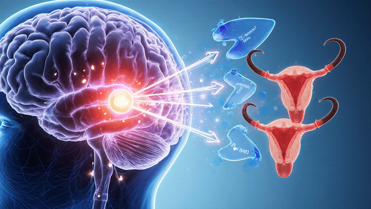 Medical illustration of brain, pituitary, and testicles showing Enclomiphene blocking estrogen receptors.
