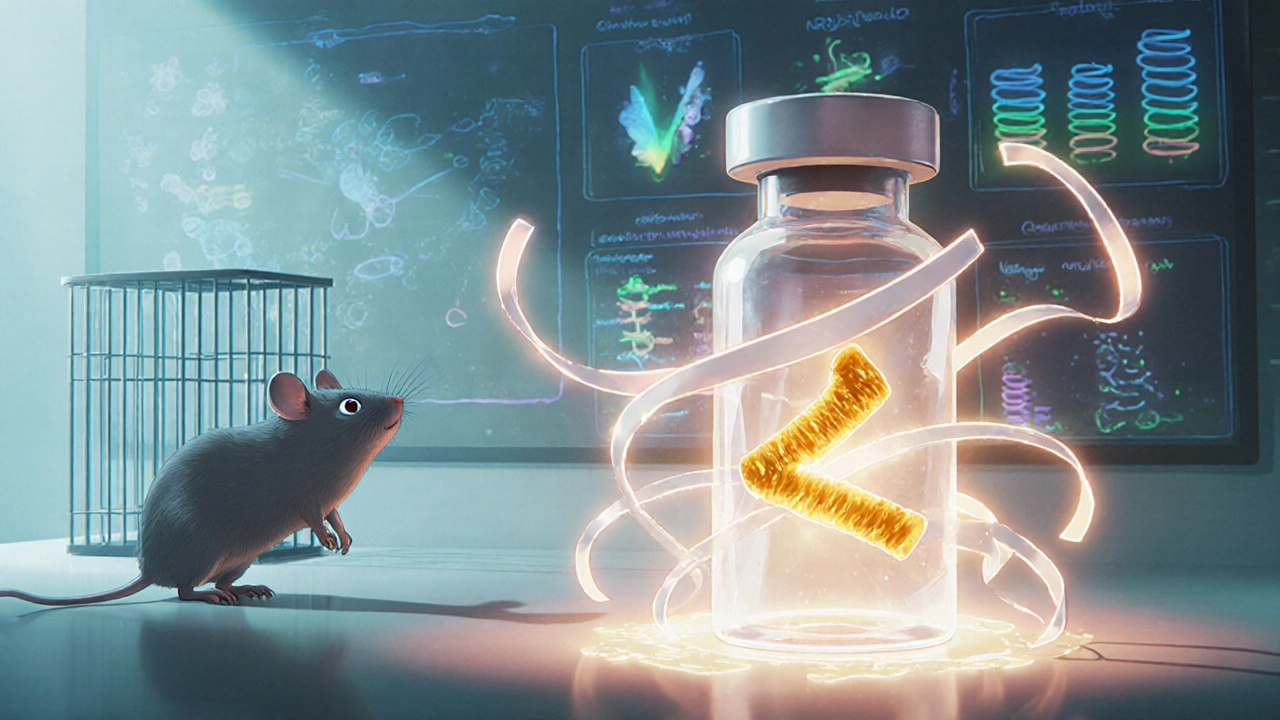 mRNA strands wrap around NS5A fragment as a mouse watches in a lab.