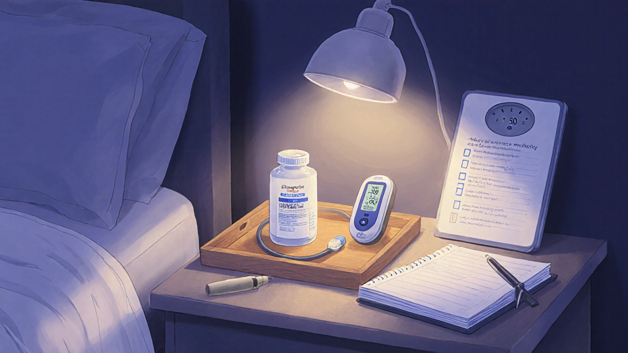 Nightstand scene with Lasix bottle, blood pressure cuff, scale and journal indicating safe medication routine.