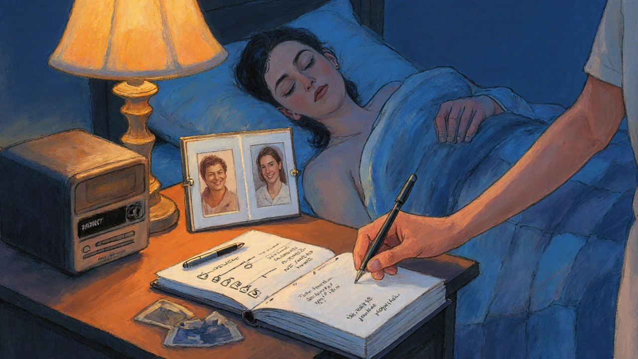 Nighttime bedside scene with checklist, photo album, and caregiver.