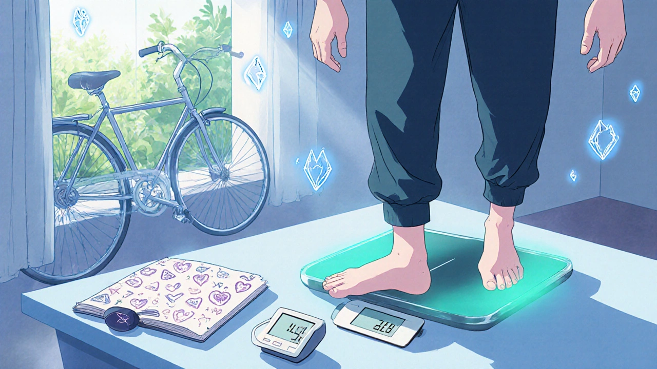 Patient at home weighs themselves and checks blood pressure near a garden bike.