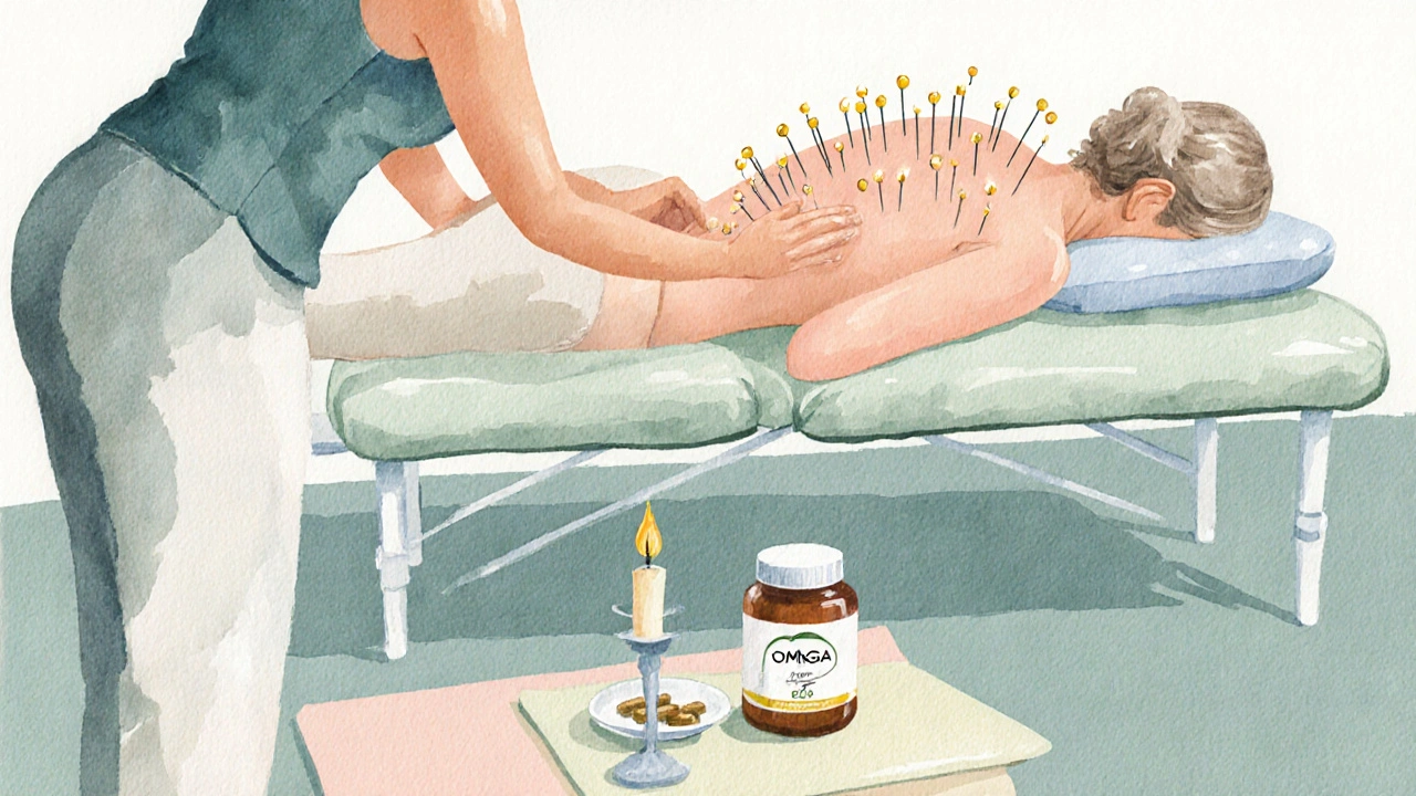 Patient receiving acupuncture while yoga and nutrition elements create a calming therapy scene.