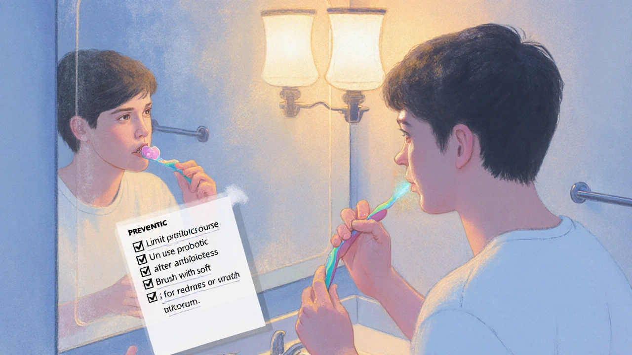 Person in bathroom using a probiotic lozenge and soft toothbrush, with a preventive checklist nearby.