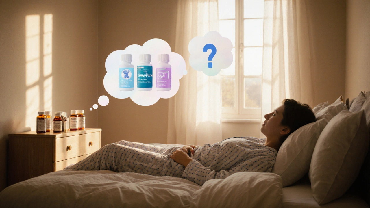 Person in bed contemplating different sleep pills, sunrise outside window.