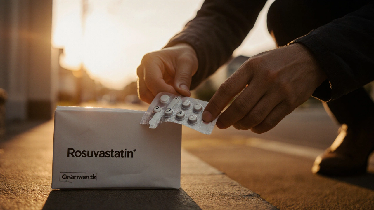 Person opening a sealed parcel on doorstep, revealing blister pack of rosuvastatin tablets.