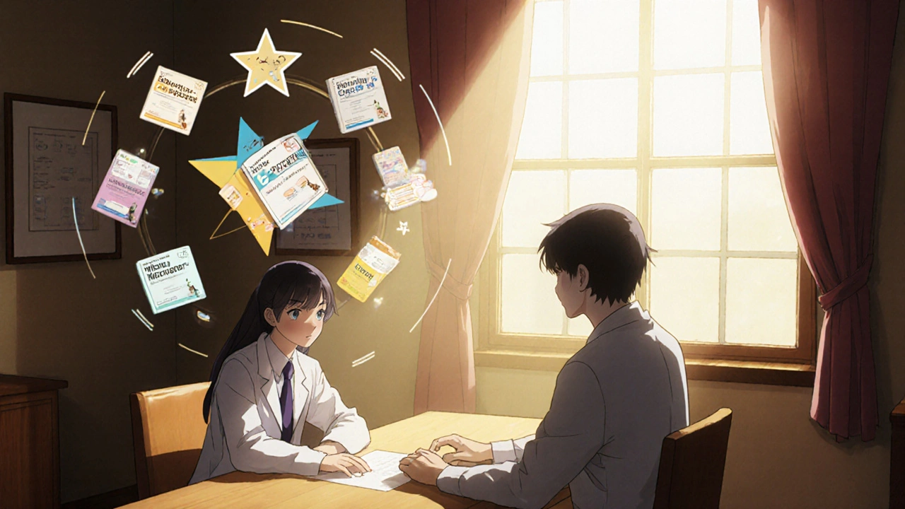 Protagonist with doctor and support group surrounded by various quitting‑aid icons.