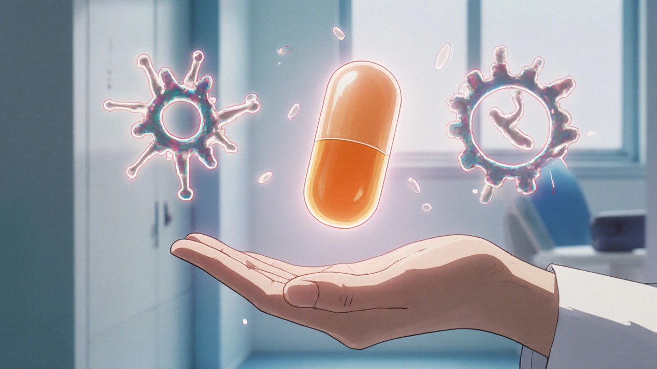 Roxithromycin tablet hovering above a hand with animated ribosome binding visual effects.