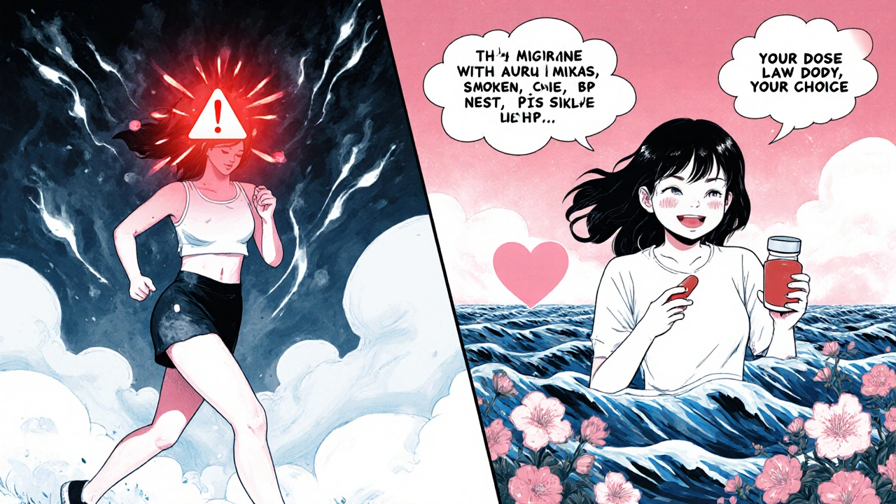 Split scene: one side shows health risks, the other shows calm with a pill and flowers.