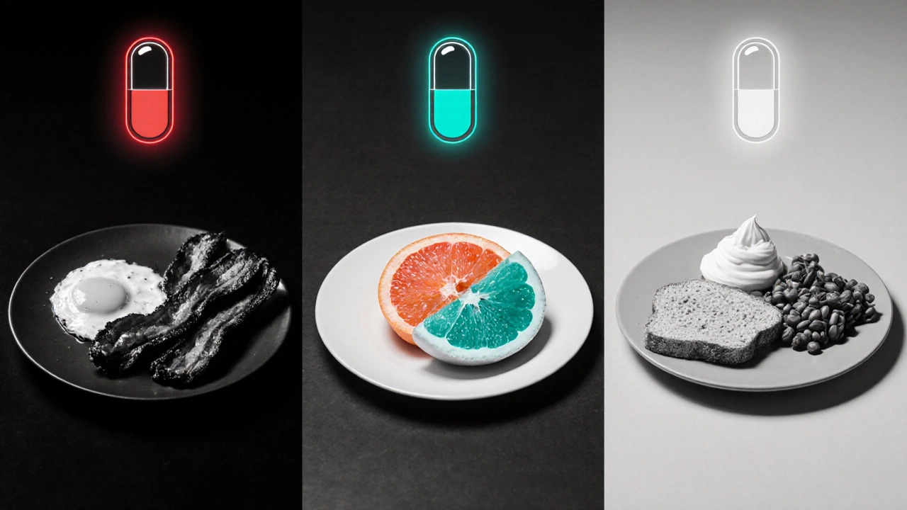 Split scene shows high‑fat breakfast, grapefruit, and safe meal beside Donepezil pill.