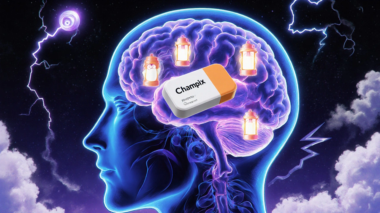 Surreal brain illustration showing Champix interacting with nicotine receptors and vivid dream clouds.