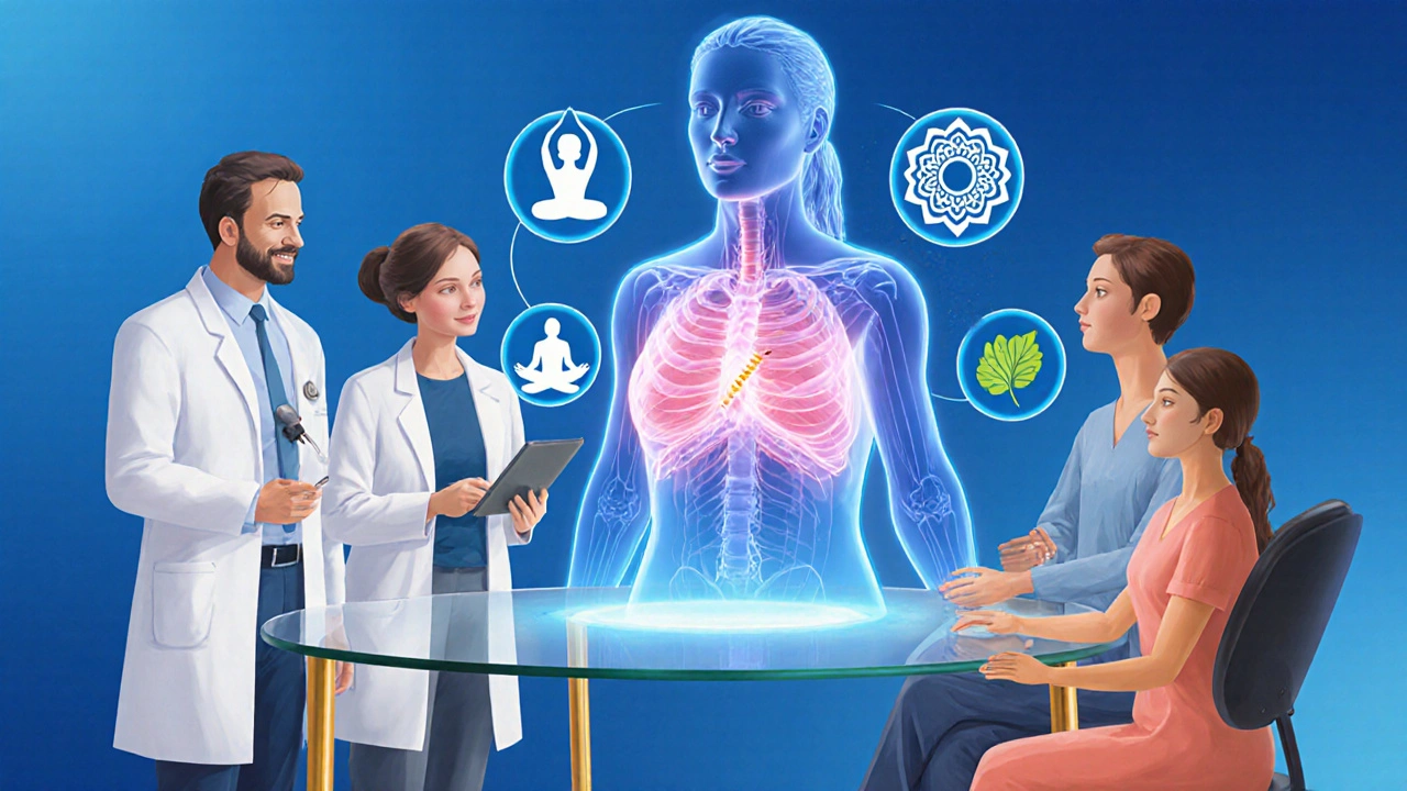 Team of doctors and therapists reviewing a holographic breast model with holistic therapy icons.