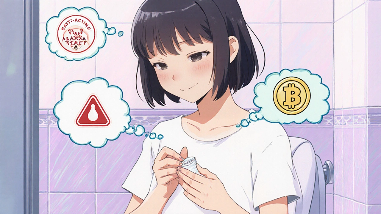 Teen applying cream to skin while thought bubbles illustrate benefits and risks.