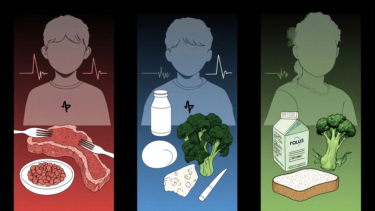 Three panels illustrate iron, B12, and folate foods with subtle color accents.