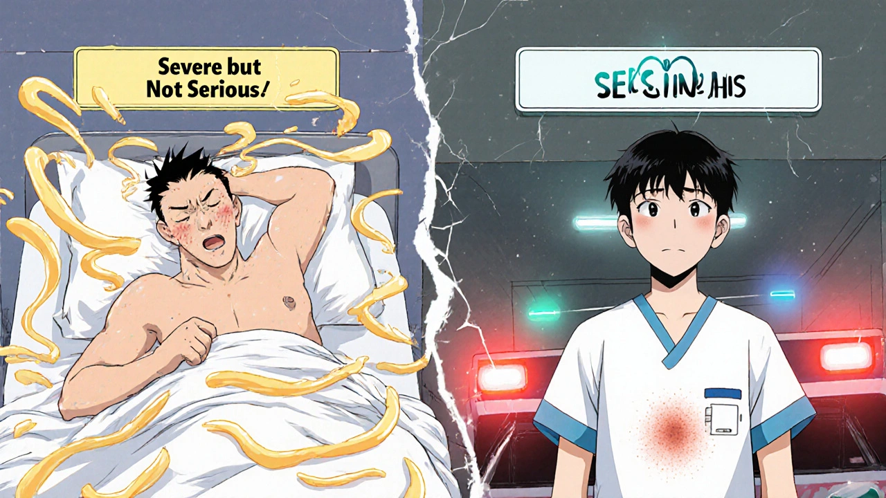 Two contrasting scenes: one showing severe nausea without hospitalization, the other a mild rash leading to hospitalization, in expressive anime style.