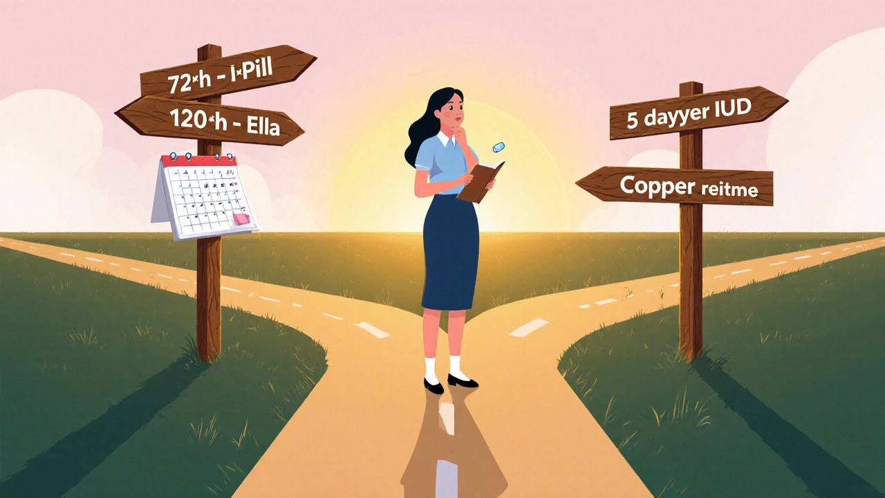 Woman at crossroads choosing between I‑Pill, Ella, and copper IUD options.