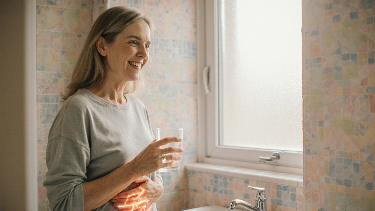 Woman in a bright bathroom holding water, subtly indicating pelvic floor exercise.