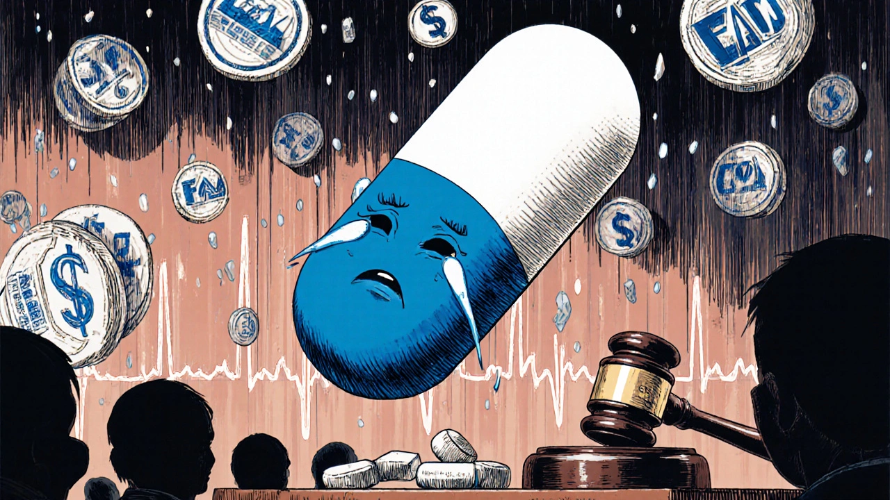 A blue pill and white generic pill face trial in a surreal courtroom filled with floating symbols of law and money.
