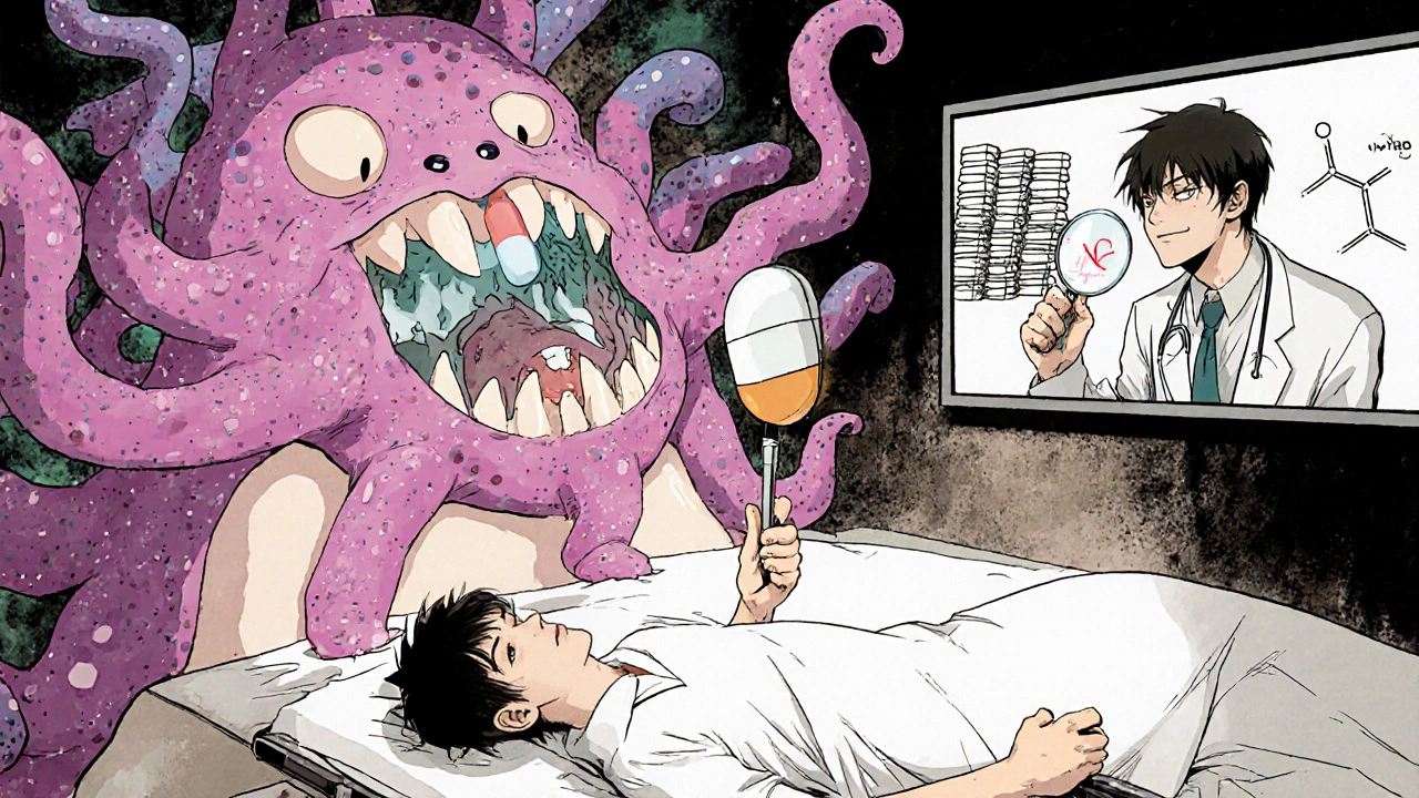 A cartoon immune system attacking a pill while a doctor reveals its true nature with a magnifying glass.