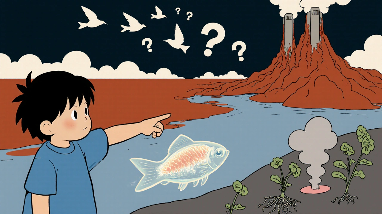 A child pointing at a factory spilling red mud into a river, with a fish filled with glowing ions.