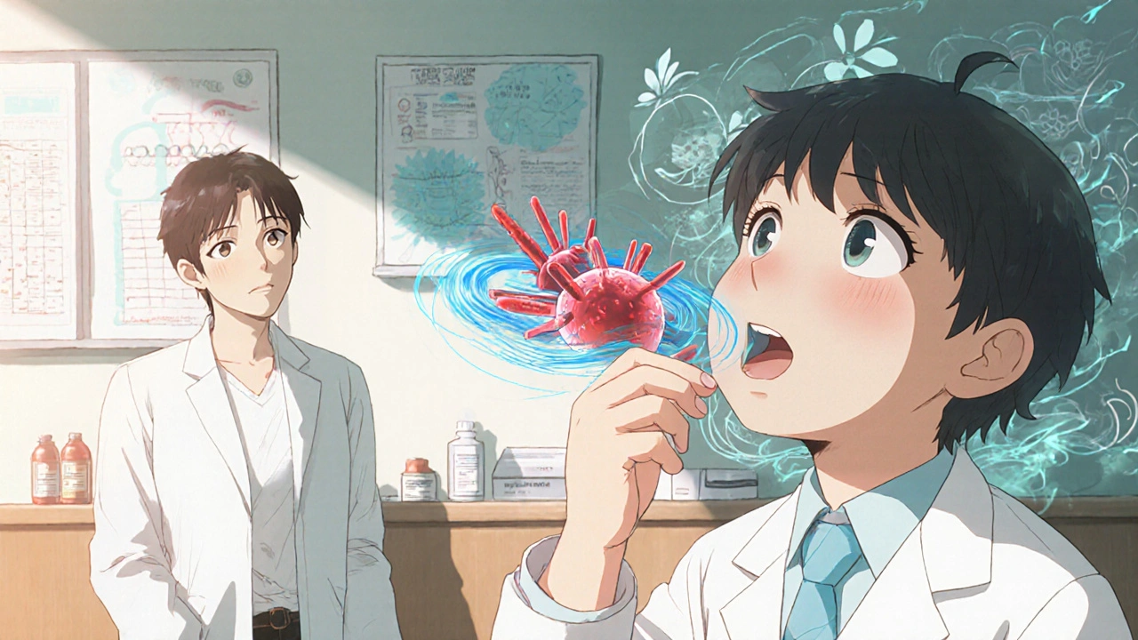 A child taking an allergy tablet at the doctor’s office, with immune cells transforming from chaotic to calm in a dreamlike visualization.