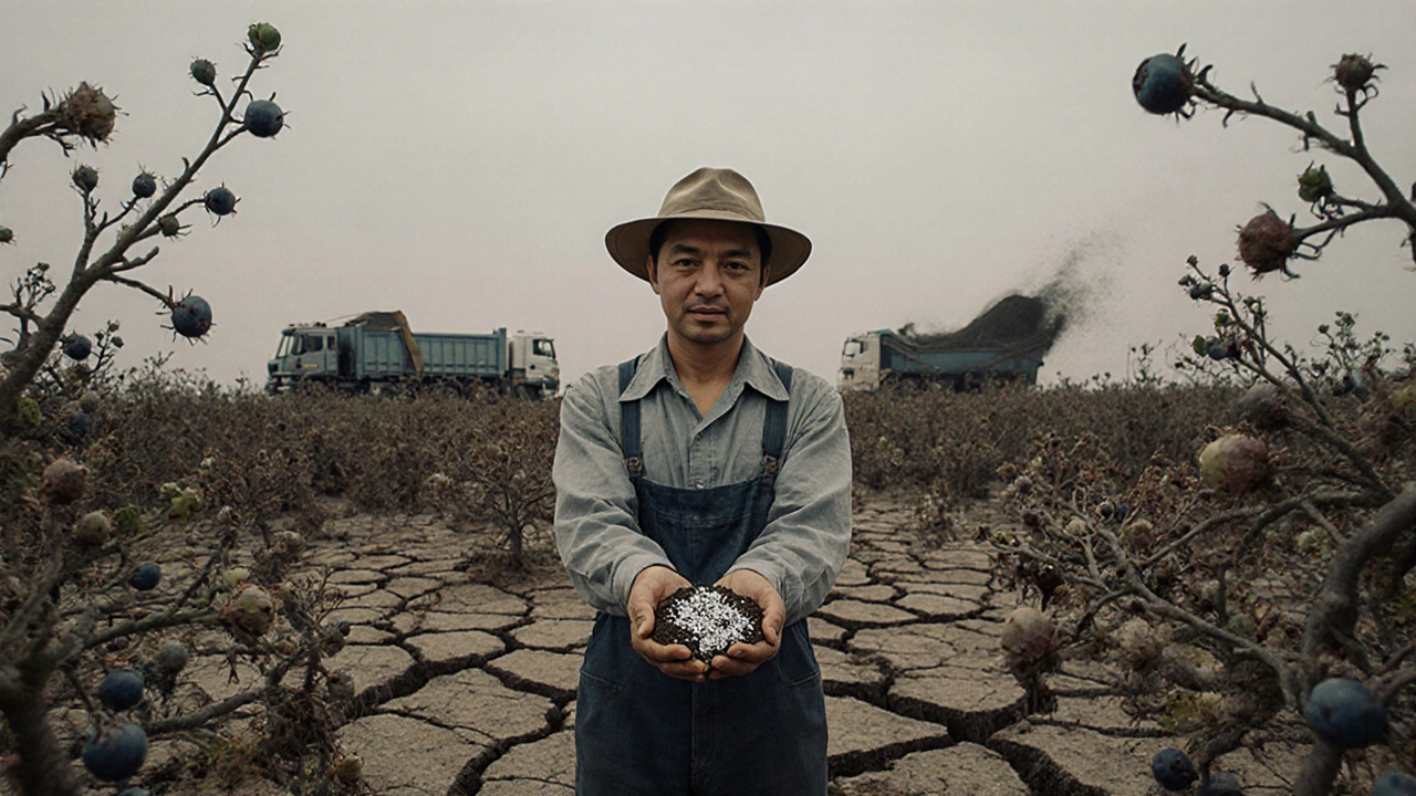A farmer holding aluminium-contaminated soil beside dying blueberry bushes in a barren field.